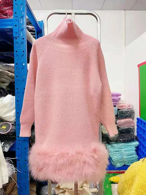 Robe Bodycon à Manches Longues en Tricot avec Panneaux en Plumes
