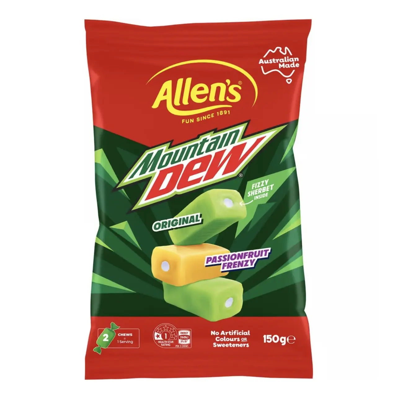 Bonbons Allen's Mountain Dew Original & Passionfruit Frenzy – Bonbons pétillants