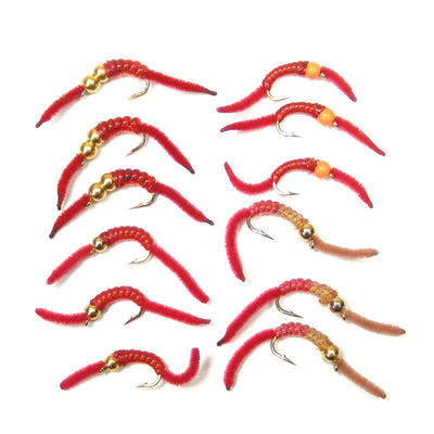 Premium San Juan Worm Fly Assortment - 12 Beaded Nymphs for Trout Fishing - Size 12 Hooks - Korvel
