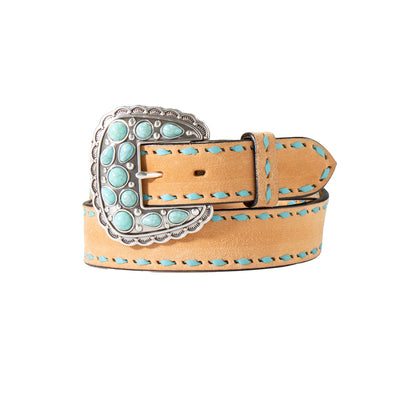 Turquoise-Embellished Tan Roughout Belt | Angel Ranch - Korvel