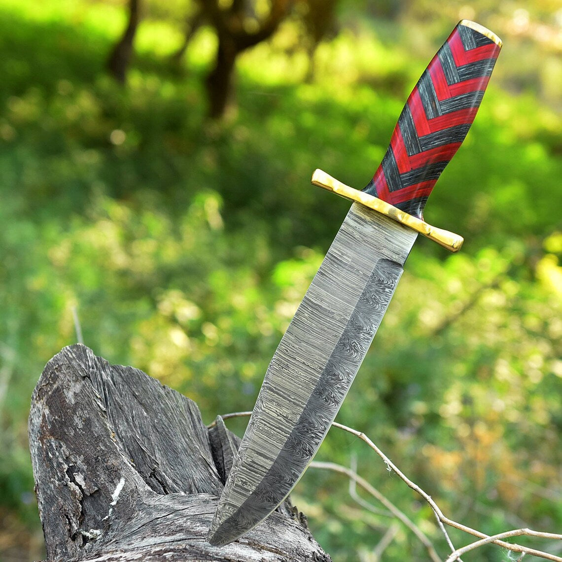 Premium 11" Damascus Steel Bowie Knife with Brass Guard & Pakka Wood Handle - Korvel
