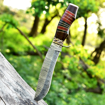 Exquisite 13" Handmade Damascus Bowie Knife – Elegant Brass Guard & Pakkawood Handle with Premium Leather Sheath - Korvel
