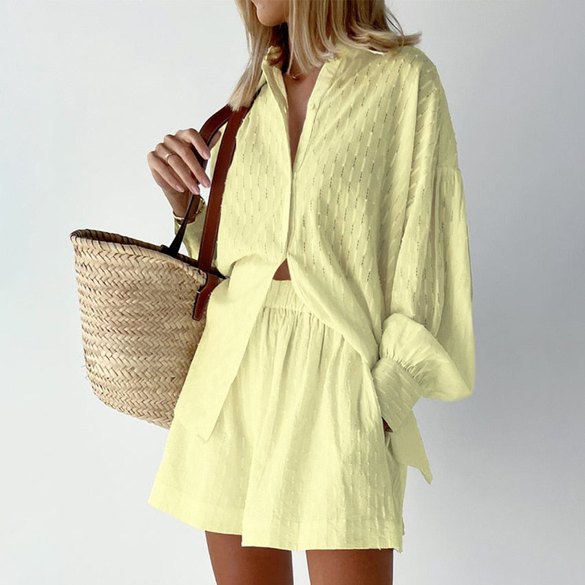 Lantern Sleeve Loose Shirt and Shorts Set
