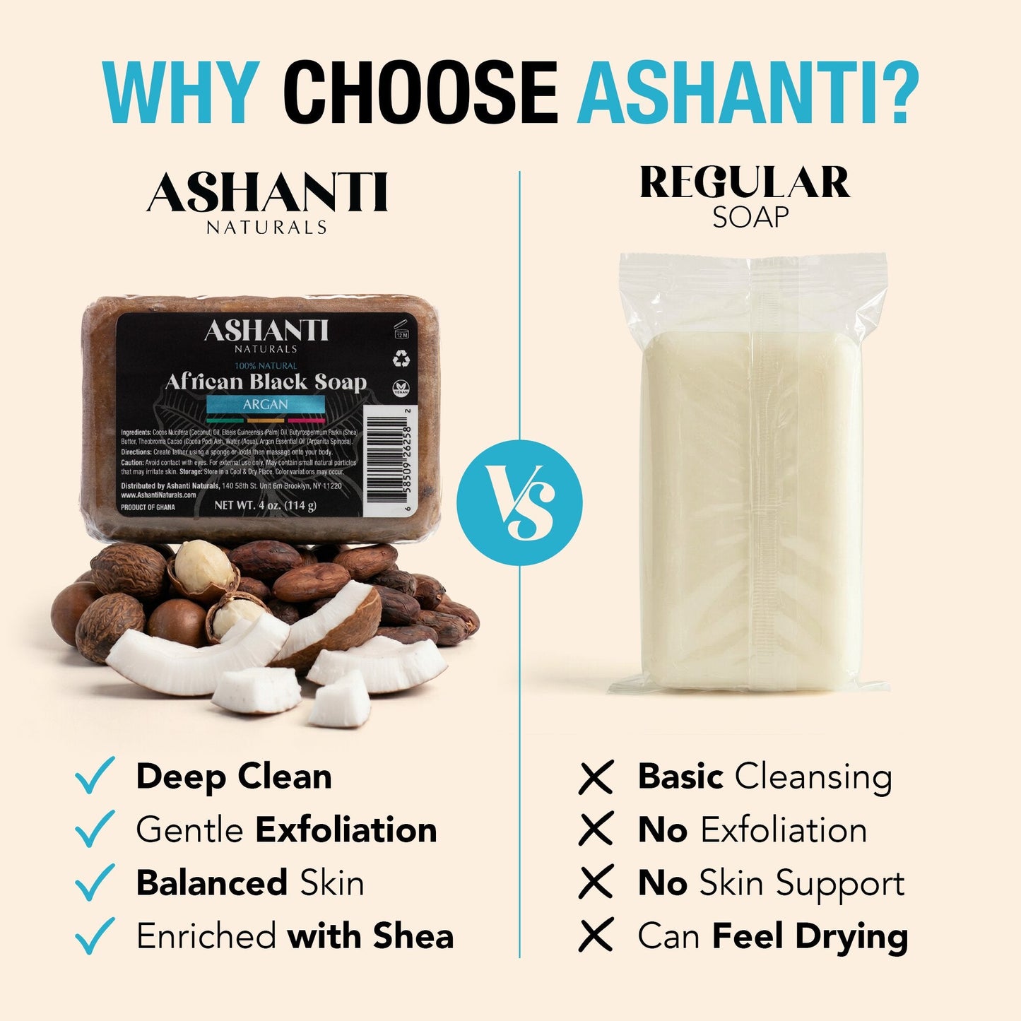 Savon Noir Africain 100% Ashanti Naturals avec Huile d'Argan
