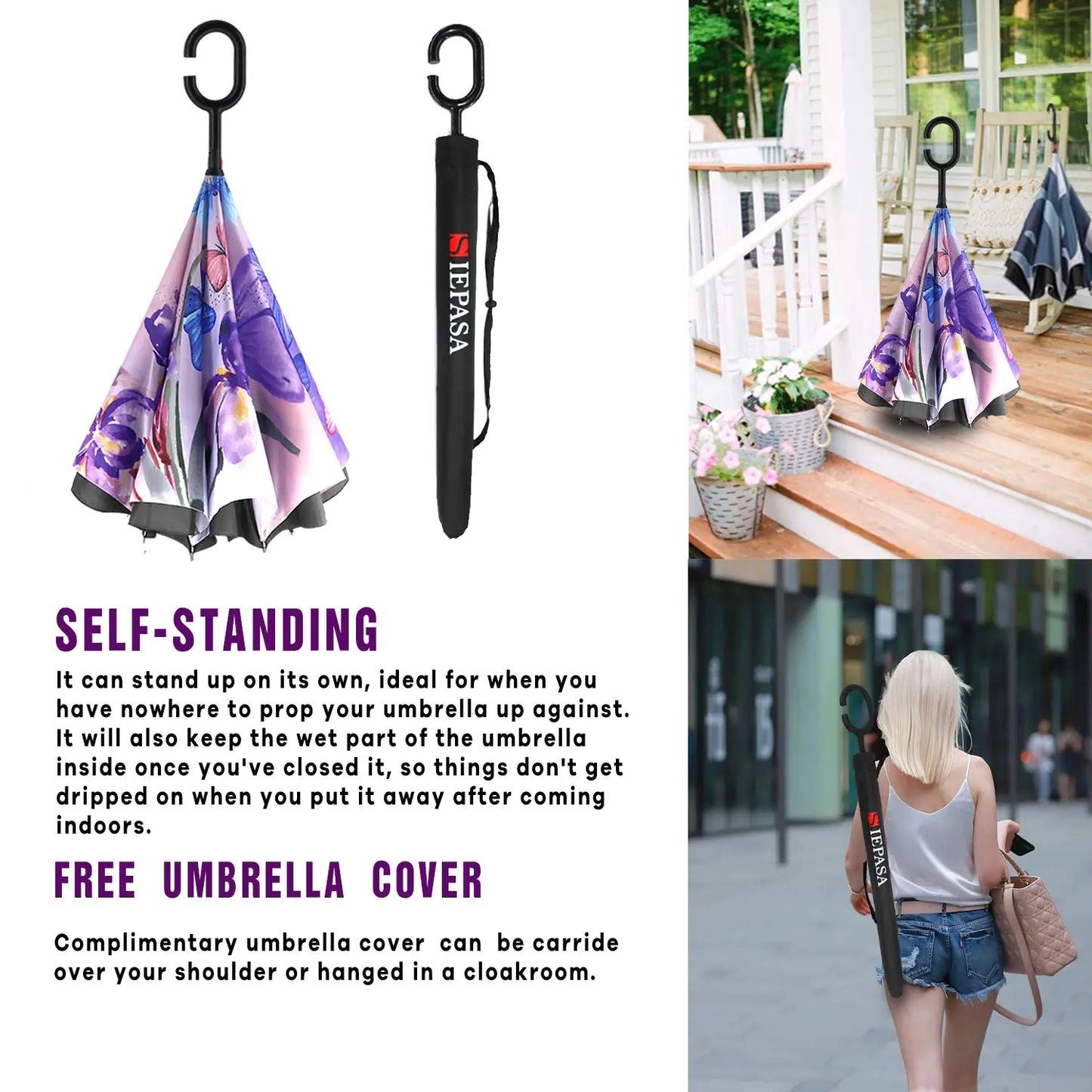 SIEPASA Inverted Reverse Umbrella - Blue Butterfly Design