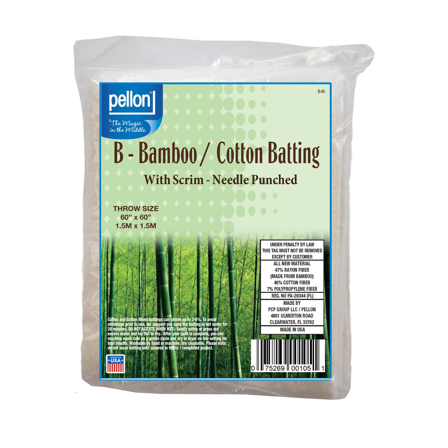 Pellon® Batting de Bambú/Cotón Scrim - Tamaño de Lanzamiento de 60" x 60"