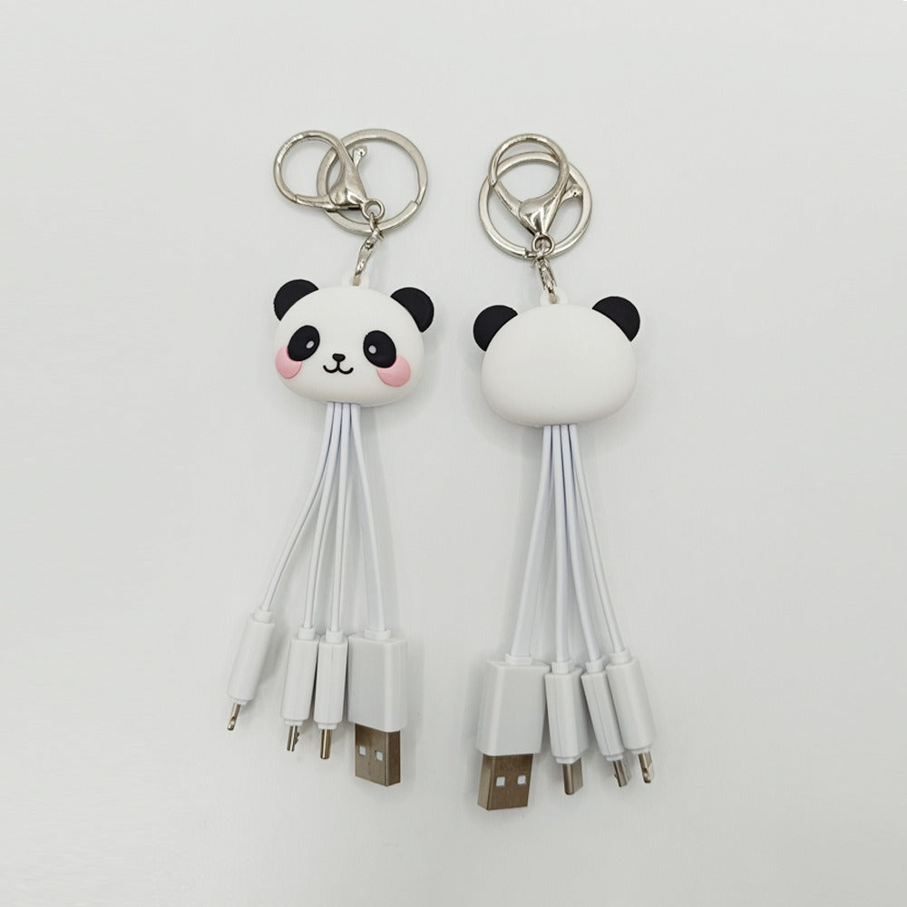 Cartoon Panda One Drag Three Data Wires Cute Keychain Panda Three in One Fast Charging Mobile Phone Charging Cable - Korvel