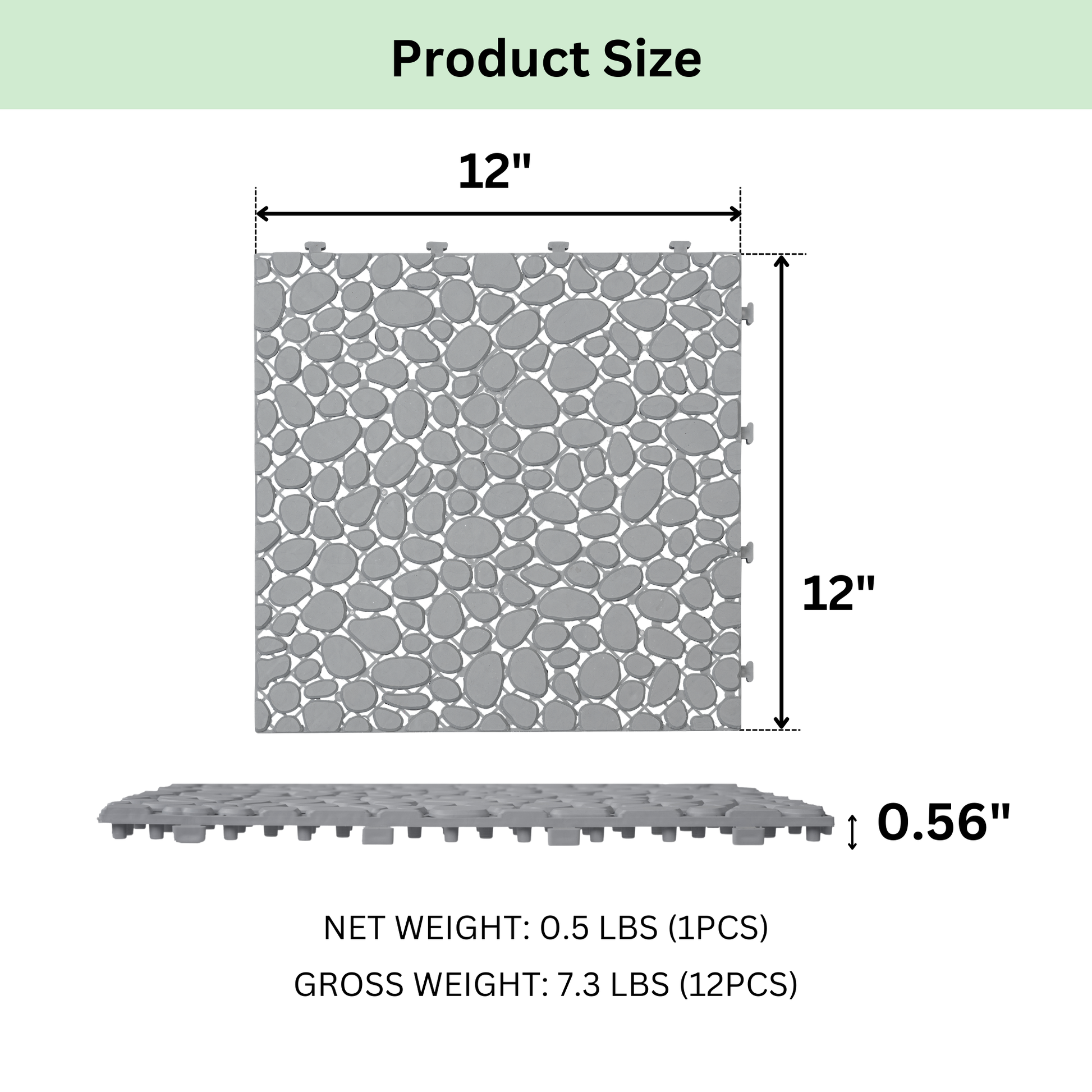 12 x 12 inch gray interlocking deck tiles, plastic waterproof pebble pattern, pack of 12 pieces - Korvel