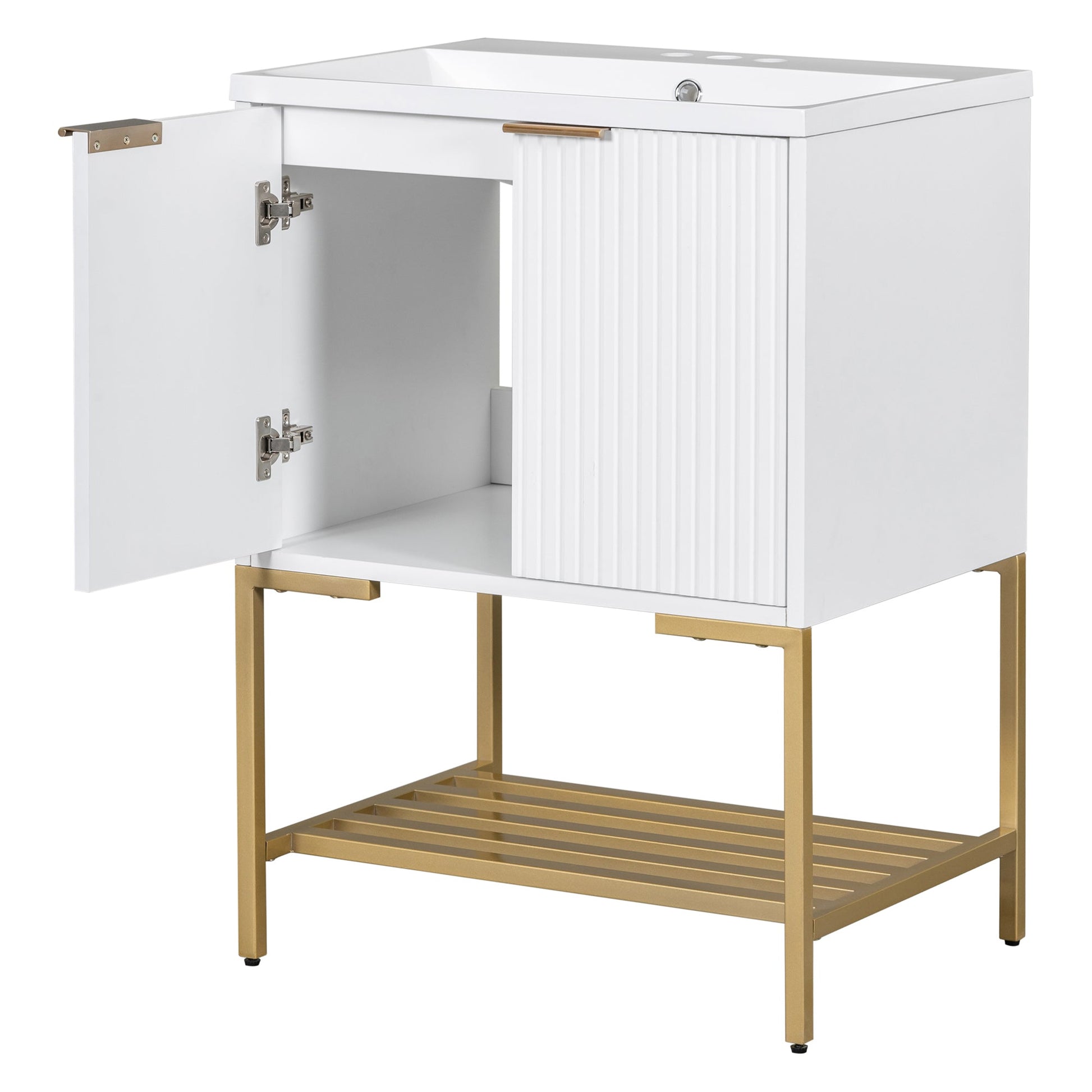24" Bathroom Vanity with Sink, Bathroom Vanity Cabinet with Two Doors and Gold Metal Frame, Open Storage Shelf, White - Korvel