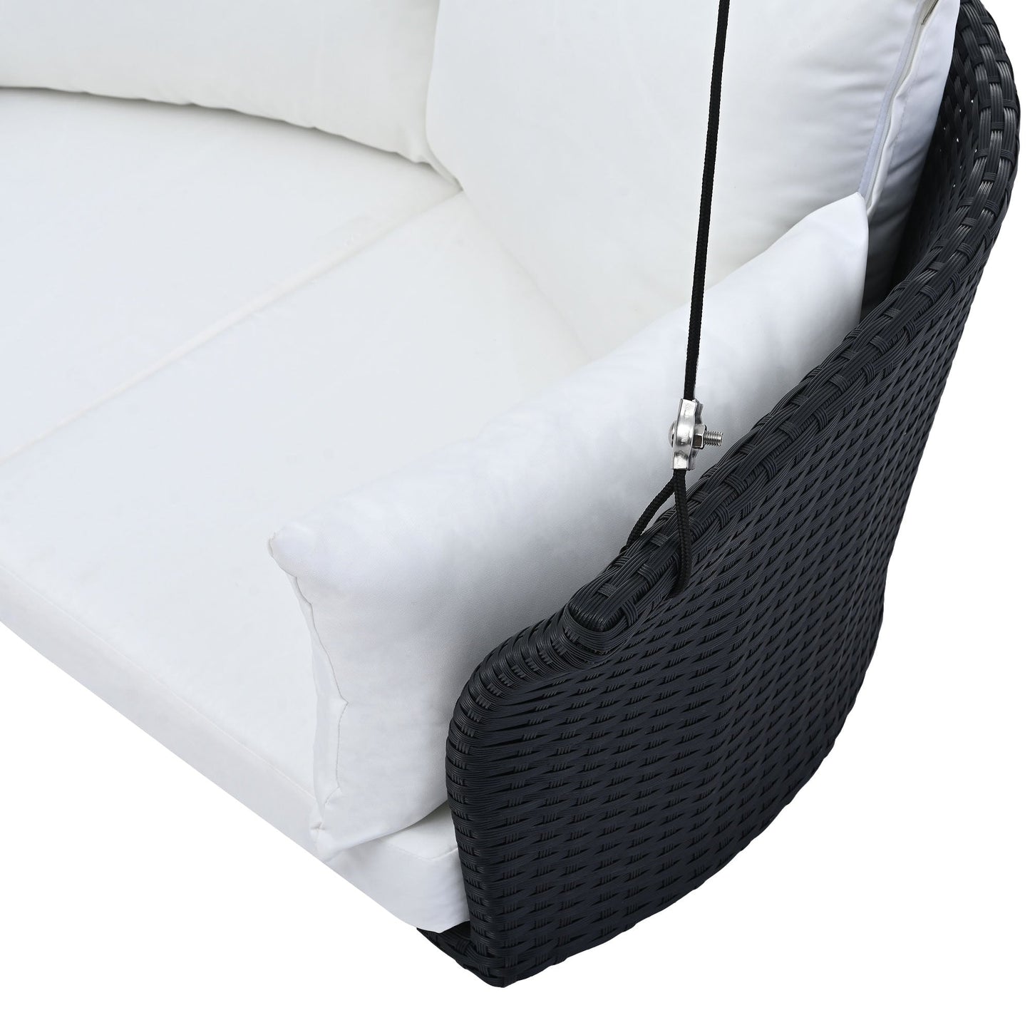 GO 51.9" 2-Person Hanging Seat, Rattan Woven Swing Chair, Porch Swing With Ropes, Black Wicker And White Cushion - Korvel