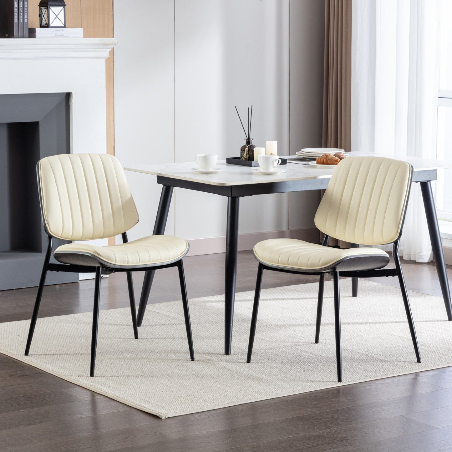 2-piece retro linen chair set with curved wooden backrest, cushioned seat, adjustable metal legs, (Beige PU) - Korvel