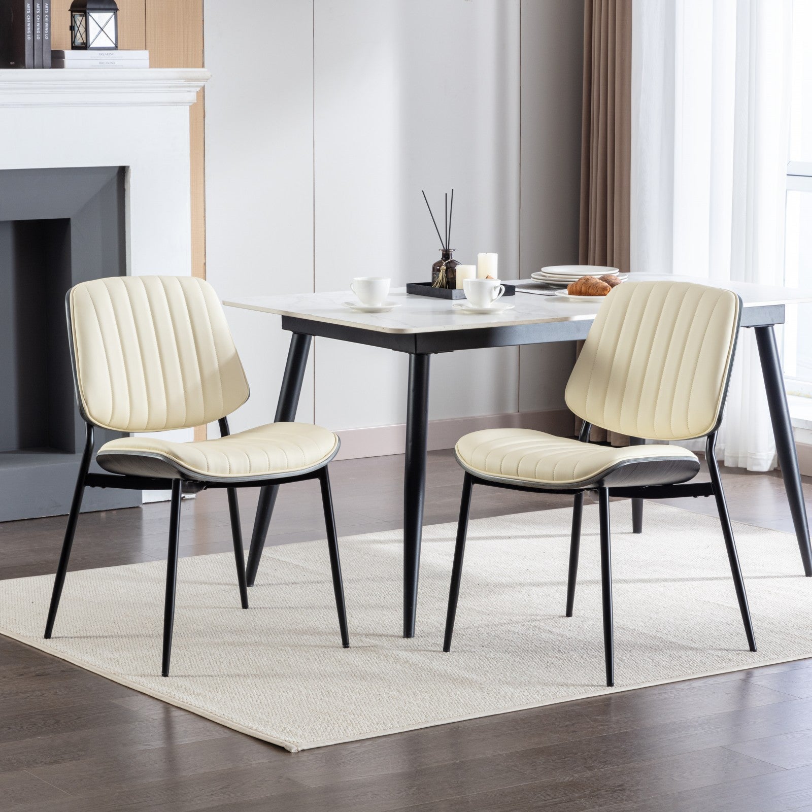 2-piece retro linen chair set with curved wooden backrest, cushioned seat, adjustable metal legs, (Beige PU) - Korvel