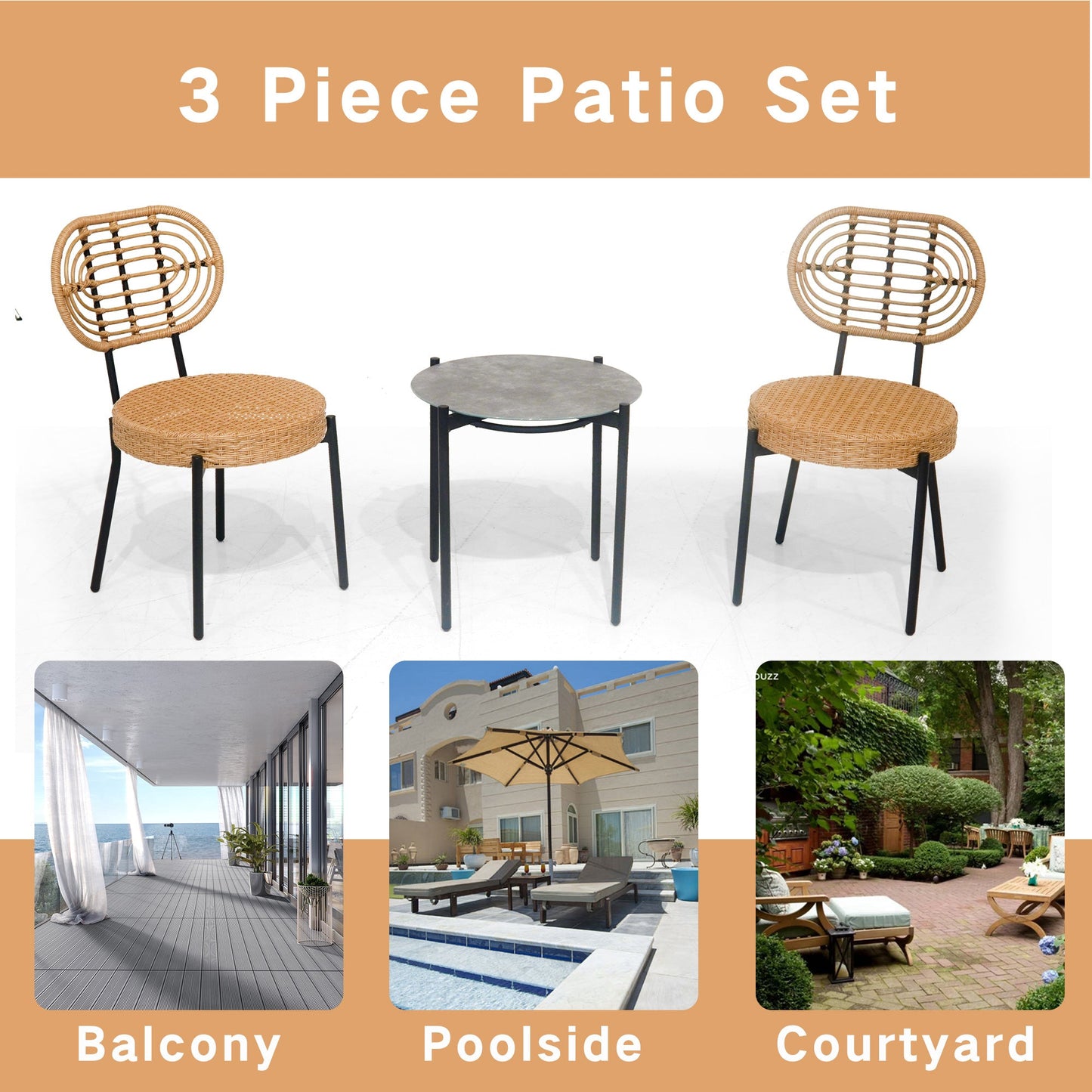 3 Pieces Of Luxury Outdoor Wicker Furniture - Patio Bistro Style Table And Chair Combination - Korvel