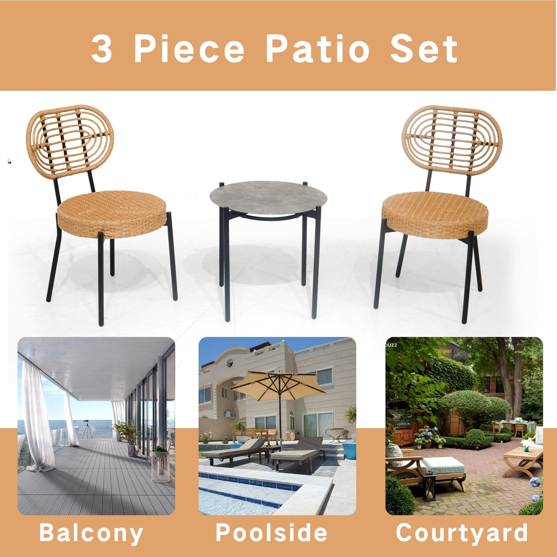 3 Pieces Of Luxury Outdoor Wicker Furniture - Patio Bistro Style Table And Chair Combination - Korvel