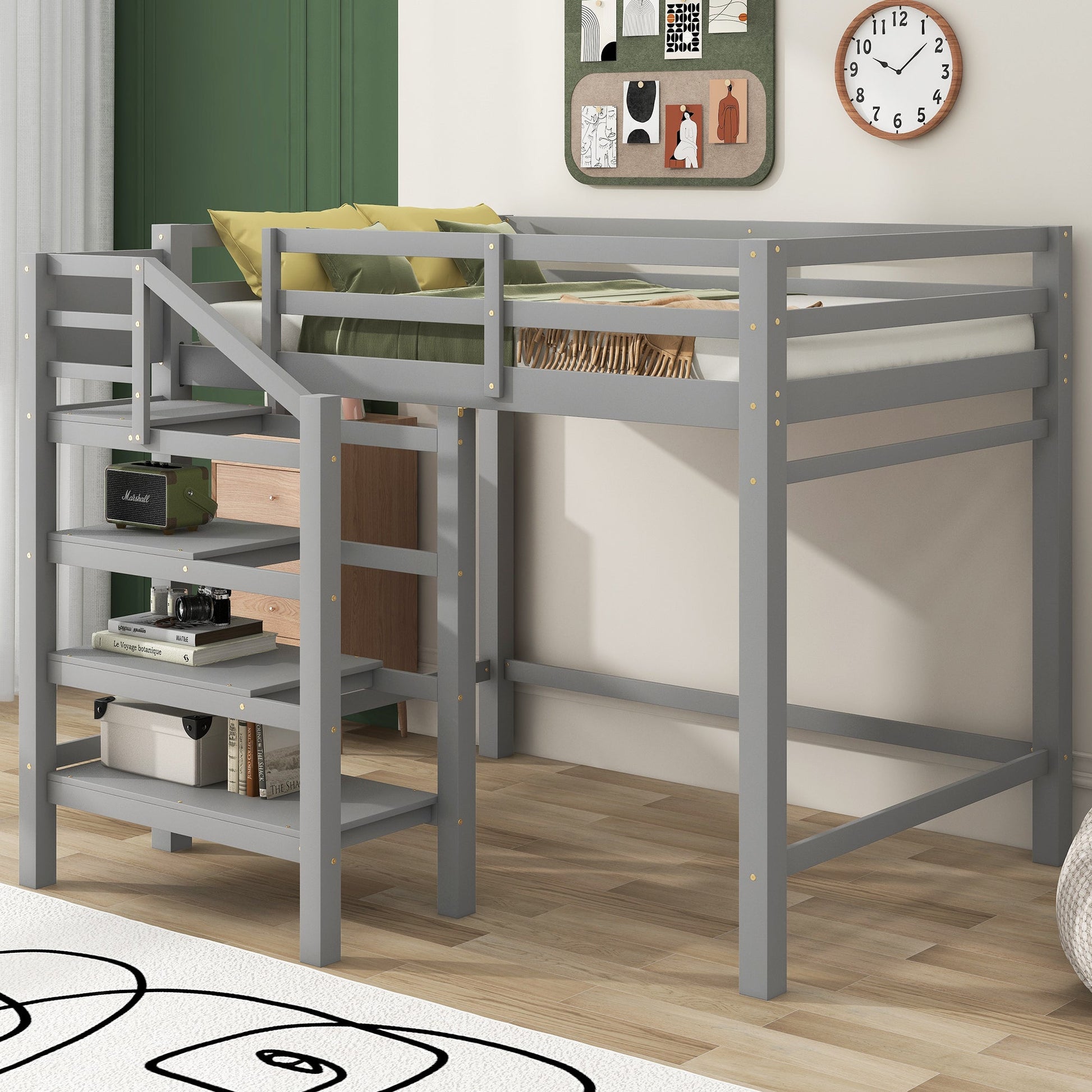 Full Size Loft Bed with Built-in Storage Staircase and Hanger for Clothes, Gray - Korvel
