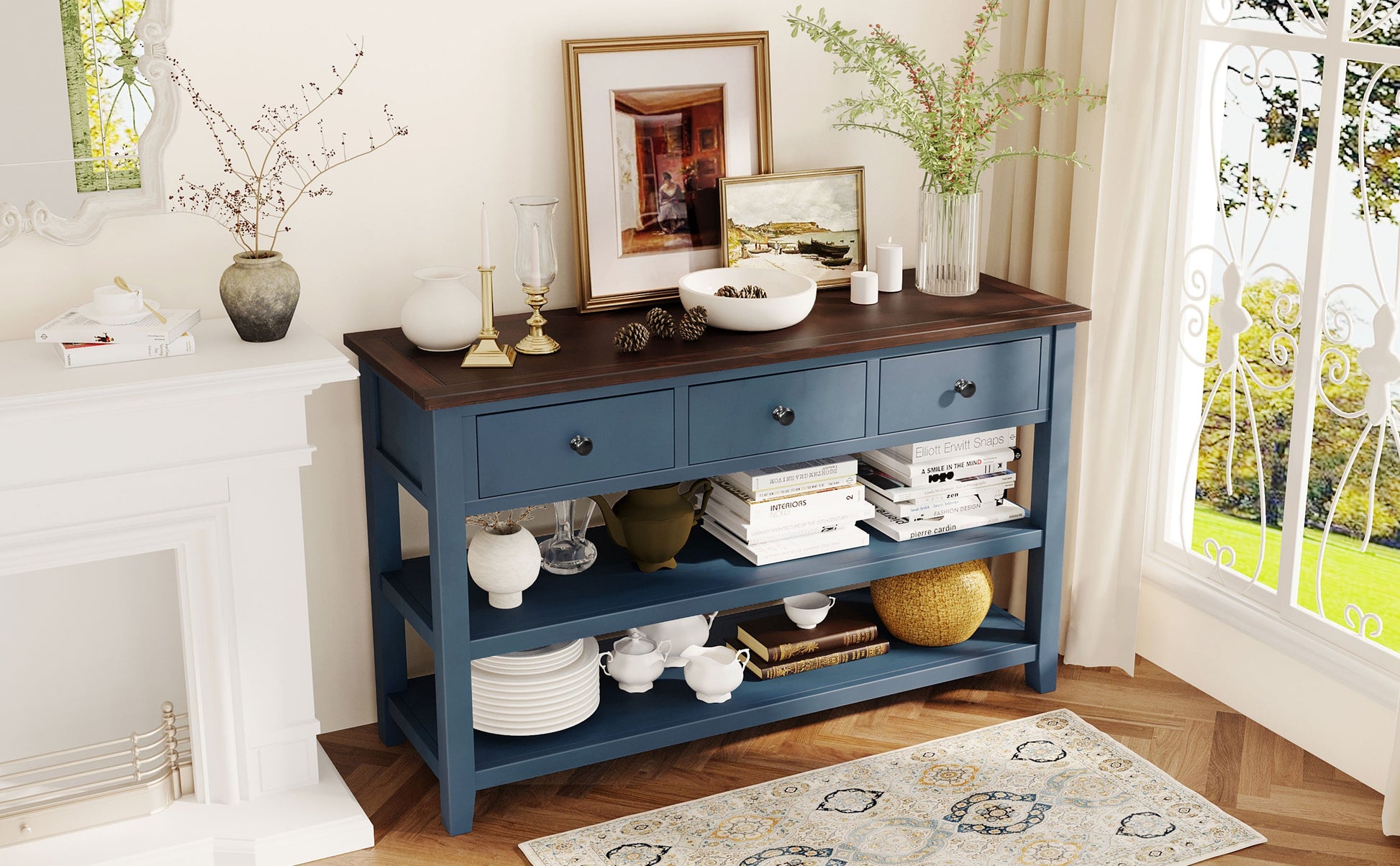 Retro Design Console Table with Two Open Shelves, Pine Solid Wood Frame and Legs for Living Room (Antique Navy+Espresso) - Korvel