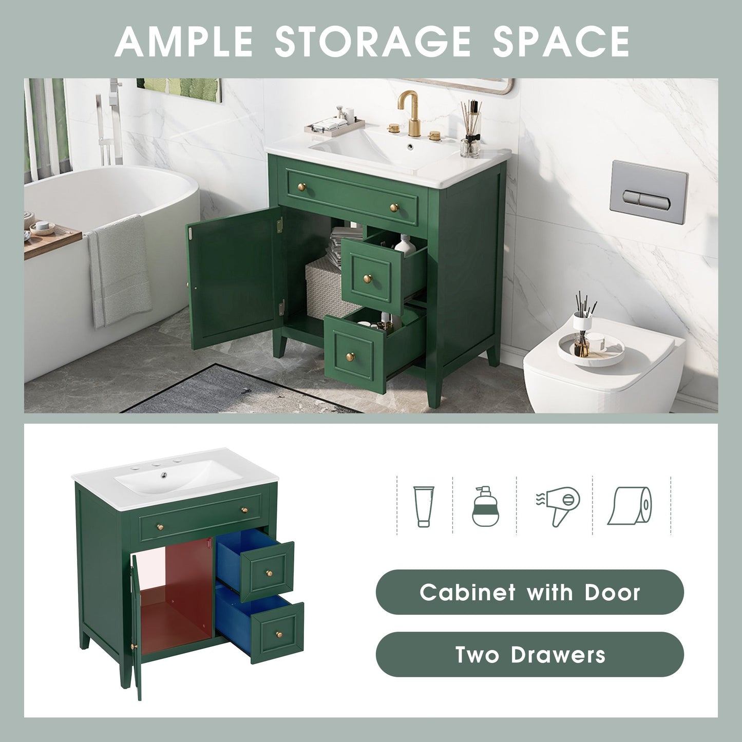 Vanidad de baño verde de 30" con lavabo y almacenamiento