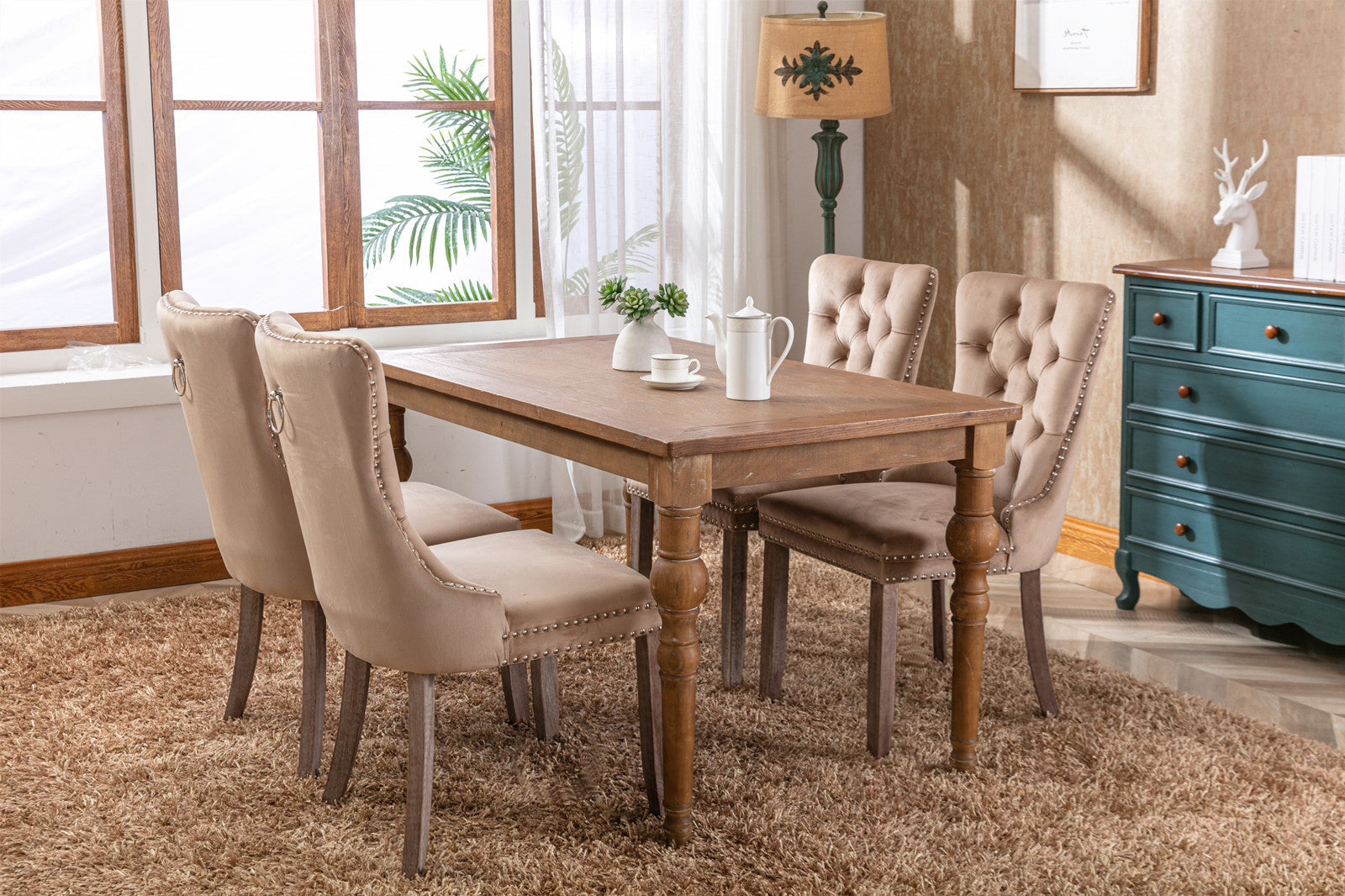 High-end Tufted Solid Wood Contemporary Velvet Upholstered Dining Chair with Wood Legs Nailhead Trim 2-Pcs Set Khaki - Korvel