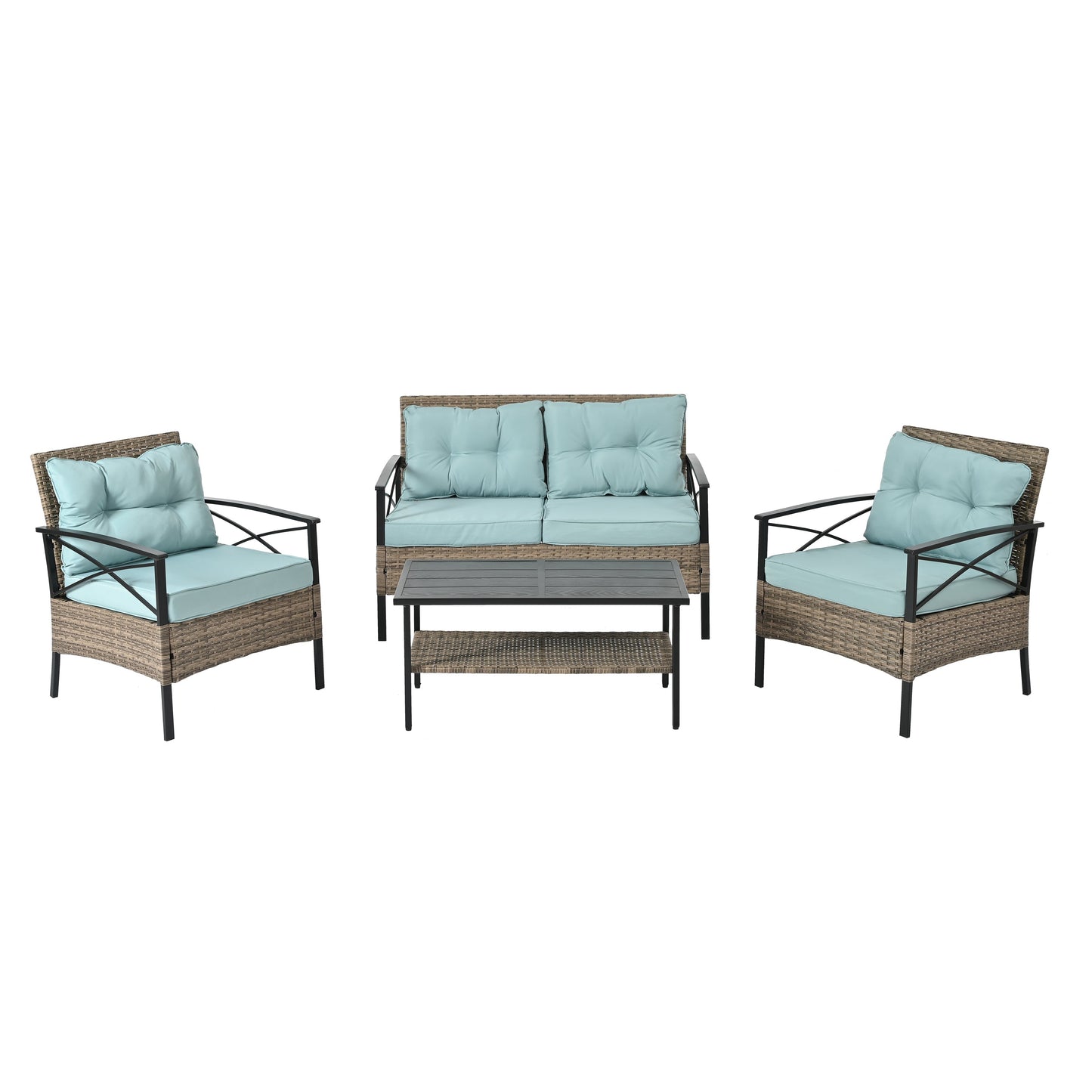 Conjunto de Muebles de Wicker para Exterior Premium con Mesa de Metal Negra