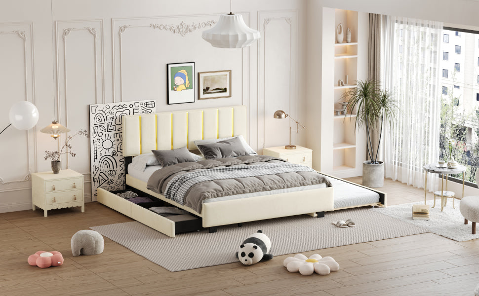Elegant Queen Size Upholstered Platform Bed with Storage and Trundle