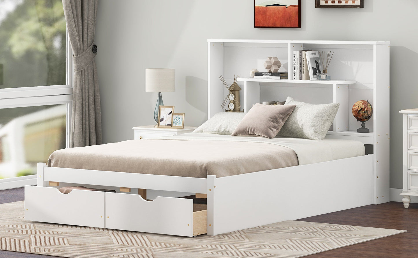 Full Size Platform Bed with Storage Headboard and 2 Drawers, White - Korvel