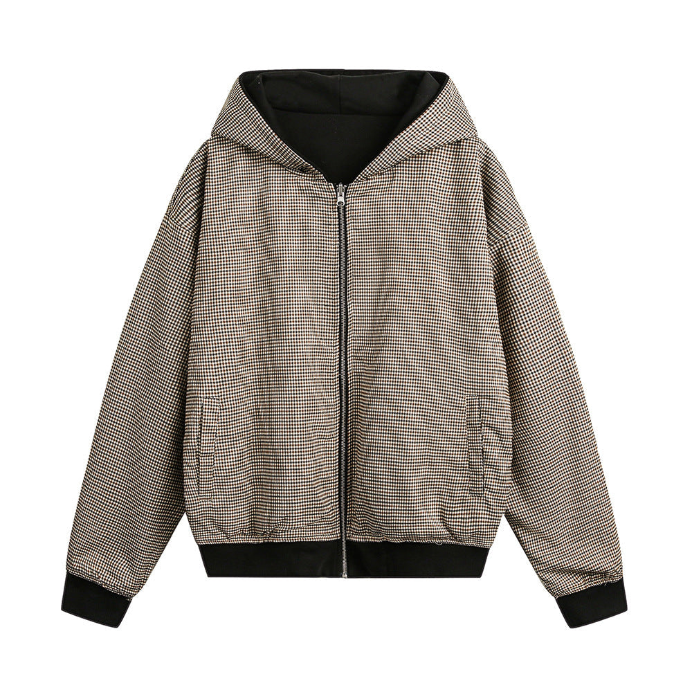 Double-sided Wear Hooded Cardigan Unisex Spring and Autumn Casual Loose Fit Plaid Short Jacket Two-Way Wearing - Korvel