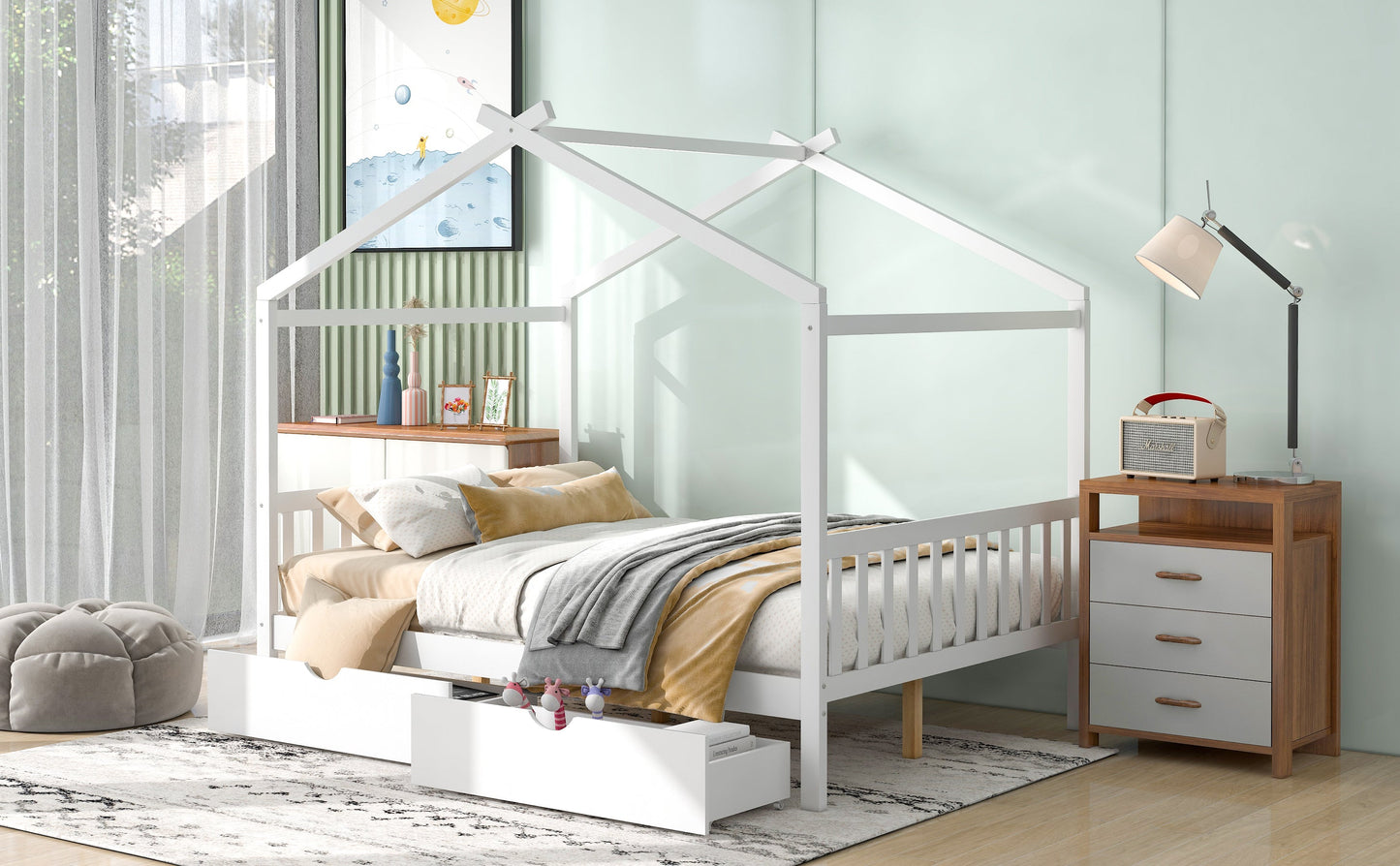 Full Size House Platform Bed with Two Drawers Headboard and Footboard,Roof Design White - Korvel
