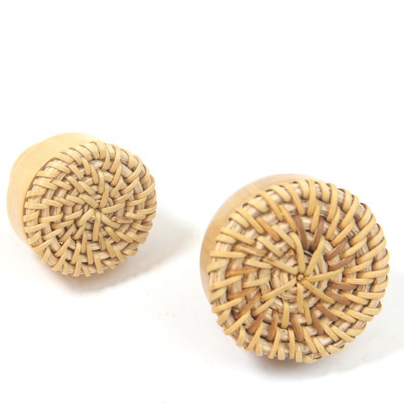 6pcs solid wood rattan handle rattan weaving handle rattan wood handle drawer circular wood handle - Korvel