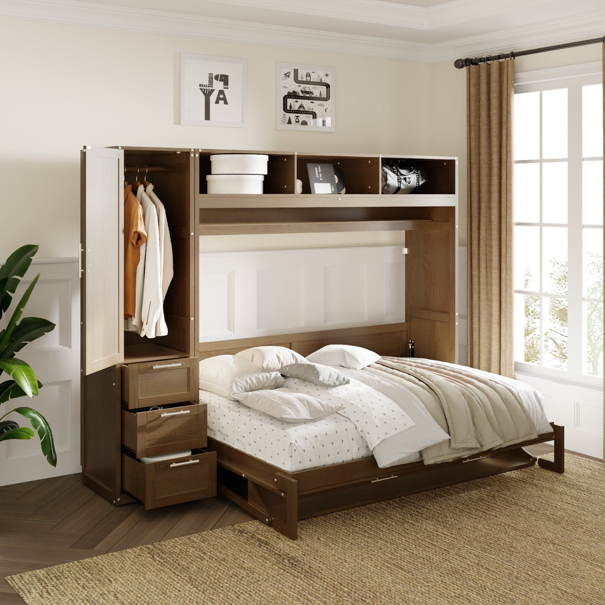 Full Size Murphy Bed with Wardrobe, Drawers and Open Shelves, Antique Grey - Korvel