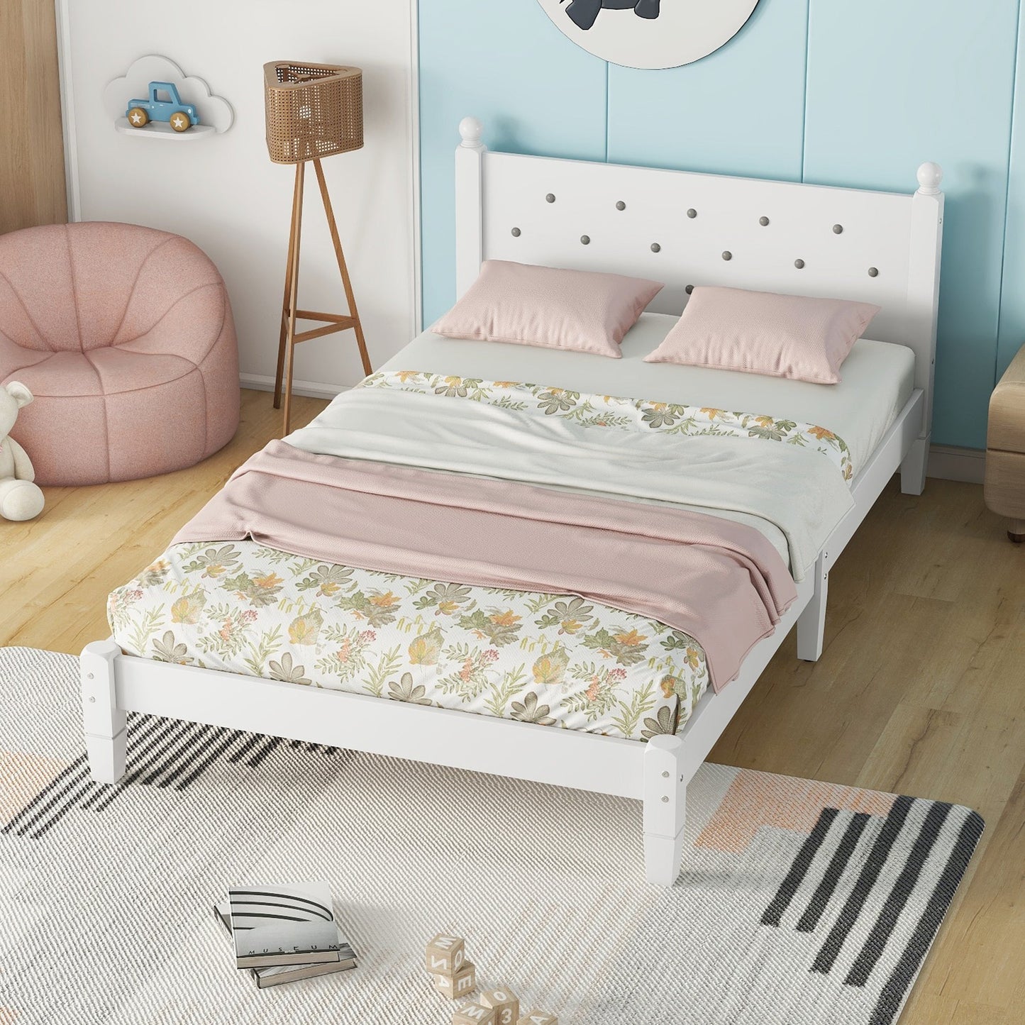 Elegant Twin Bed with Button-Decorated Headboard in White