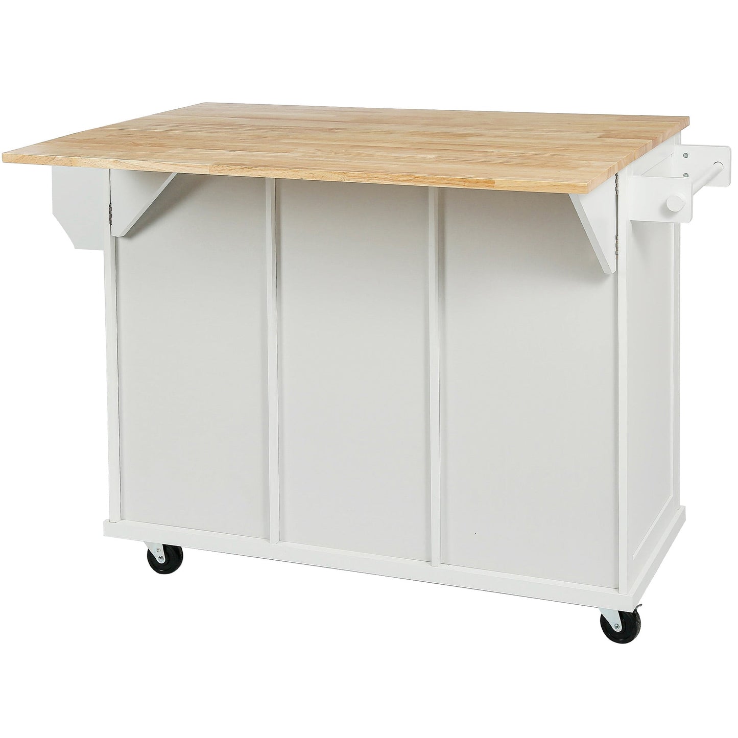 Kitchen trolley with rubber wood leaf countertop, 5-wheel kitchen island, storage cabinet and 3 dining drawers, white - Korvel