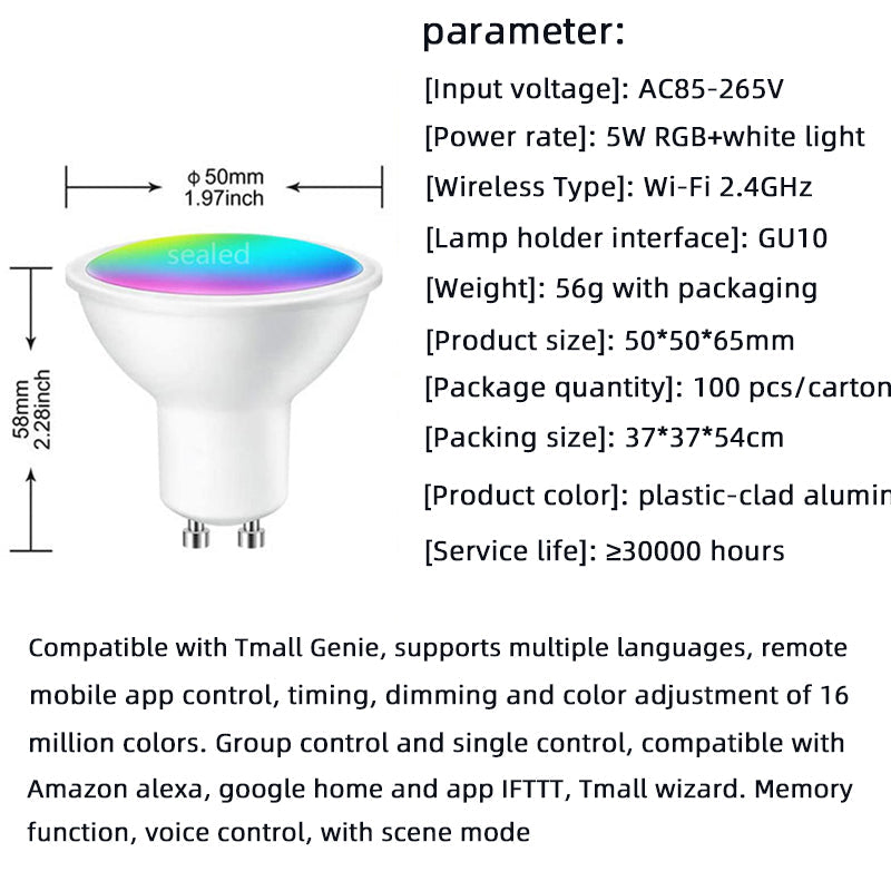 Foco inteligente WIFI GU10 con control a través de la aplicación móvil