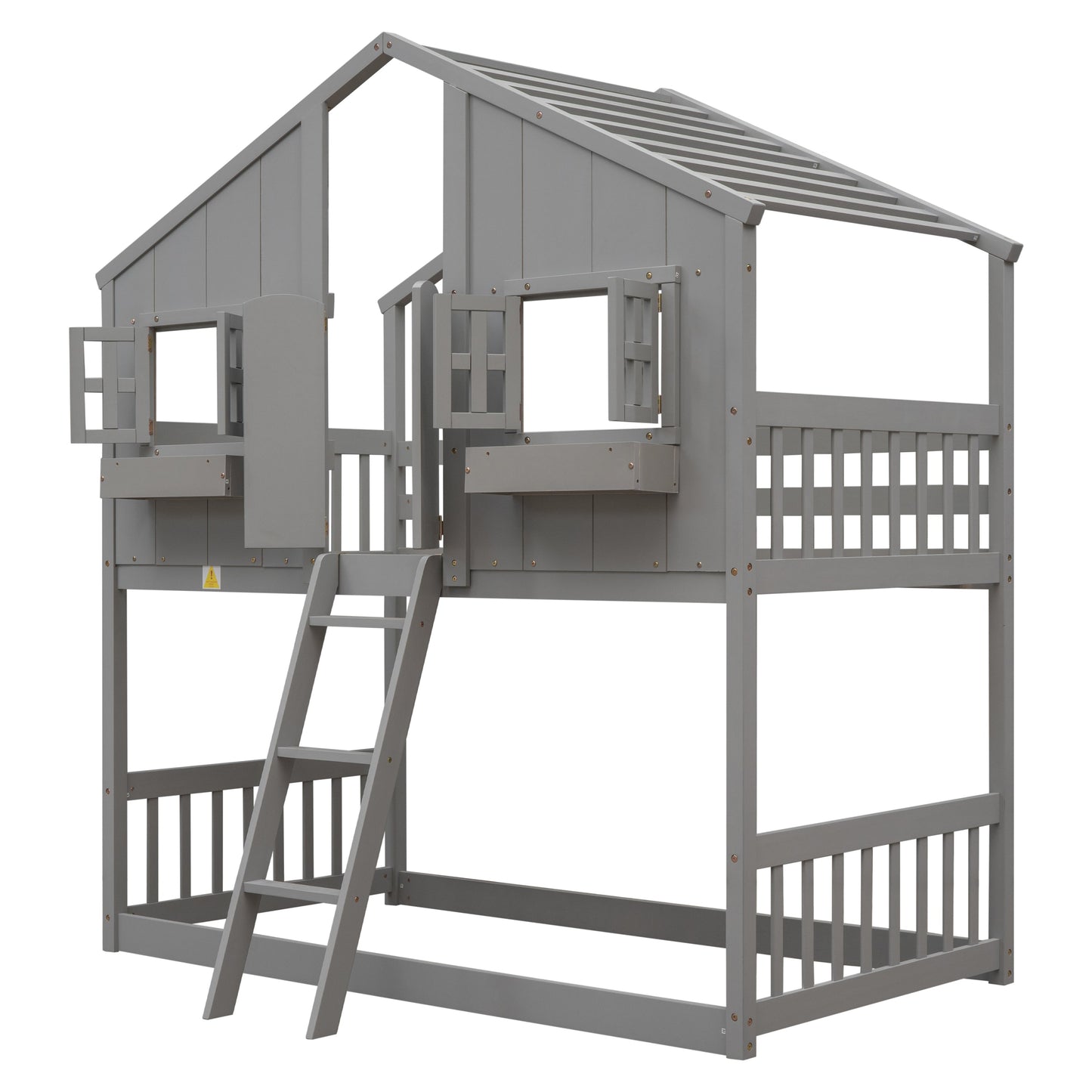 Twin over Twin House Bunk Bed with Roof , Window, Window Box, Door , with Safety Guardrails and Ladder, Grey - Korvel