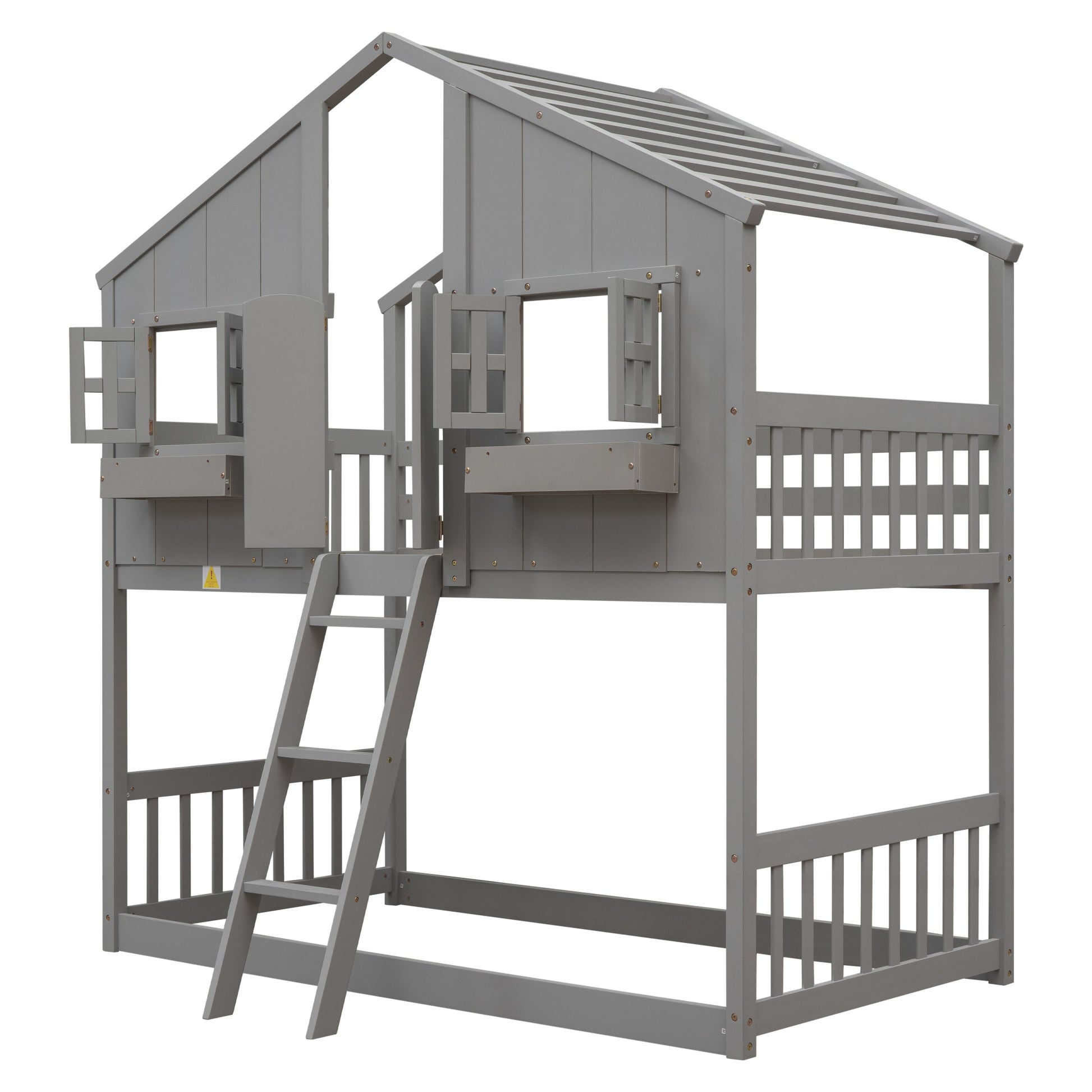 Twin over Twin House Bunk Bed with Roof , Window, Window Box, Door , with Safety Guardrails and Ladder, Grey - Korvel