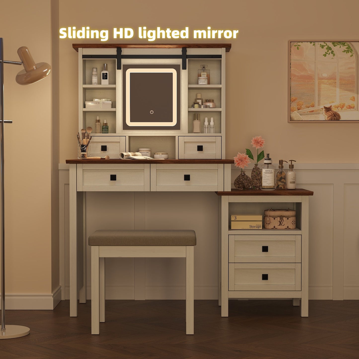46.5-inch dressing table with adjustable LED lighting mirror and charging station, equipped with soft cushioned stool - Korvel