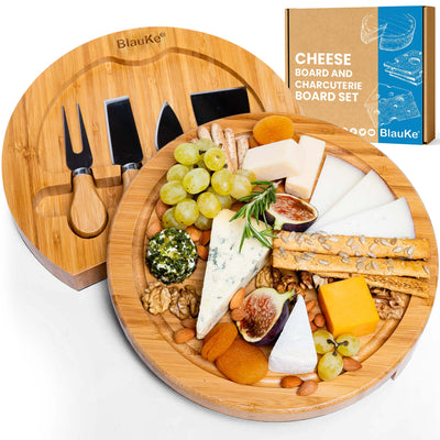 Round Bamboo Cheese Board & Knife Set – 10" Swivel Charcuterie Platter with Hidden Drawer - Korvel