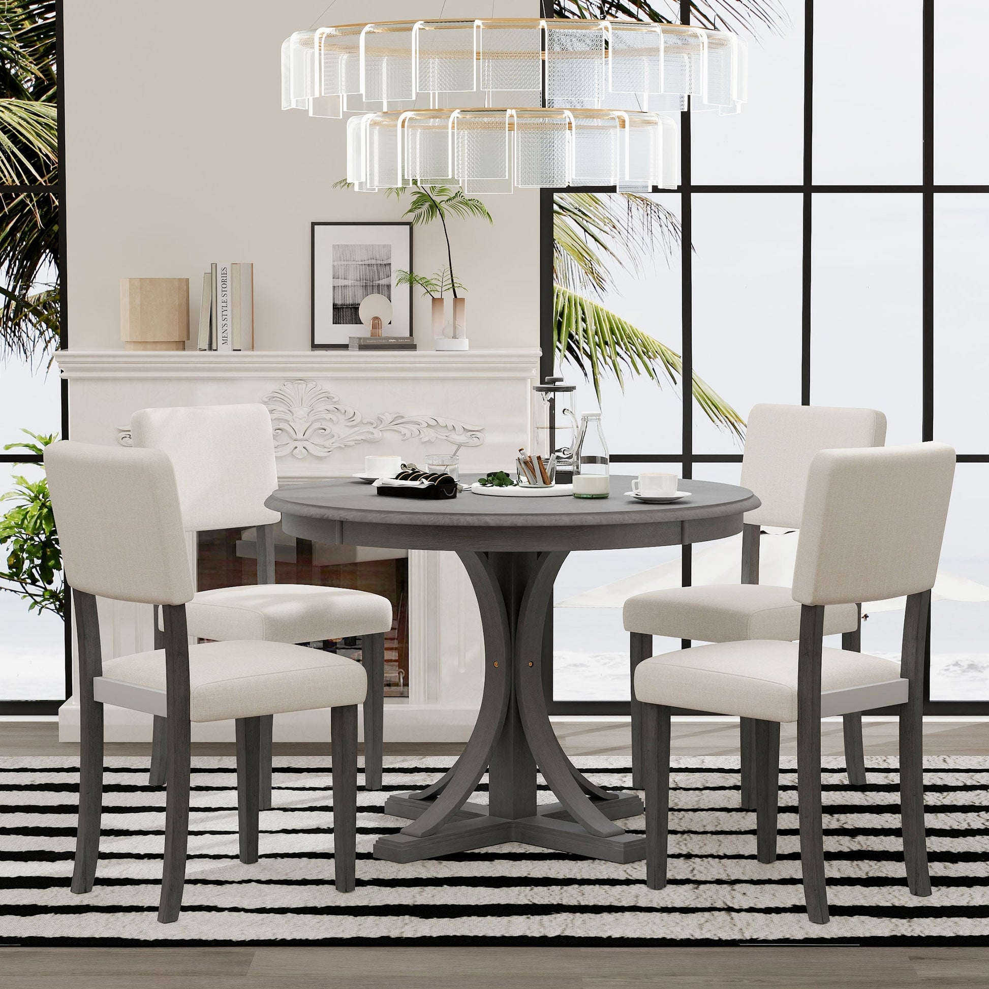 TREXM Five Piece Retro Round Dining Table Set with Curved Brackets and 4 Restaurant Cushioned Chairs (Dark Gray) - Korvel