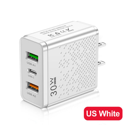 LED 2USB+PDType-C mobile phone charger with multiple ports, compliant with American, European, and British standards for travel charging - Korvel