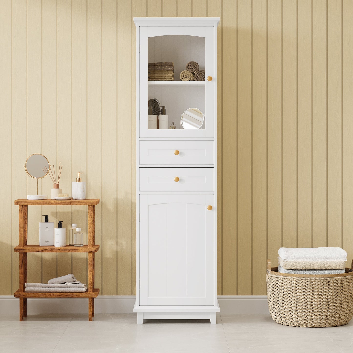 High bathroom storage cabinet with glass door, freestanding, two drawers and adjustable shelves, MDF board, painted white - Korvel