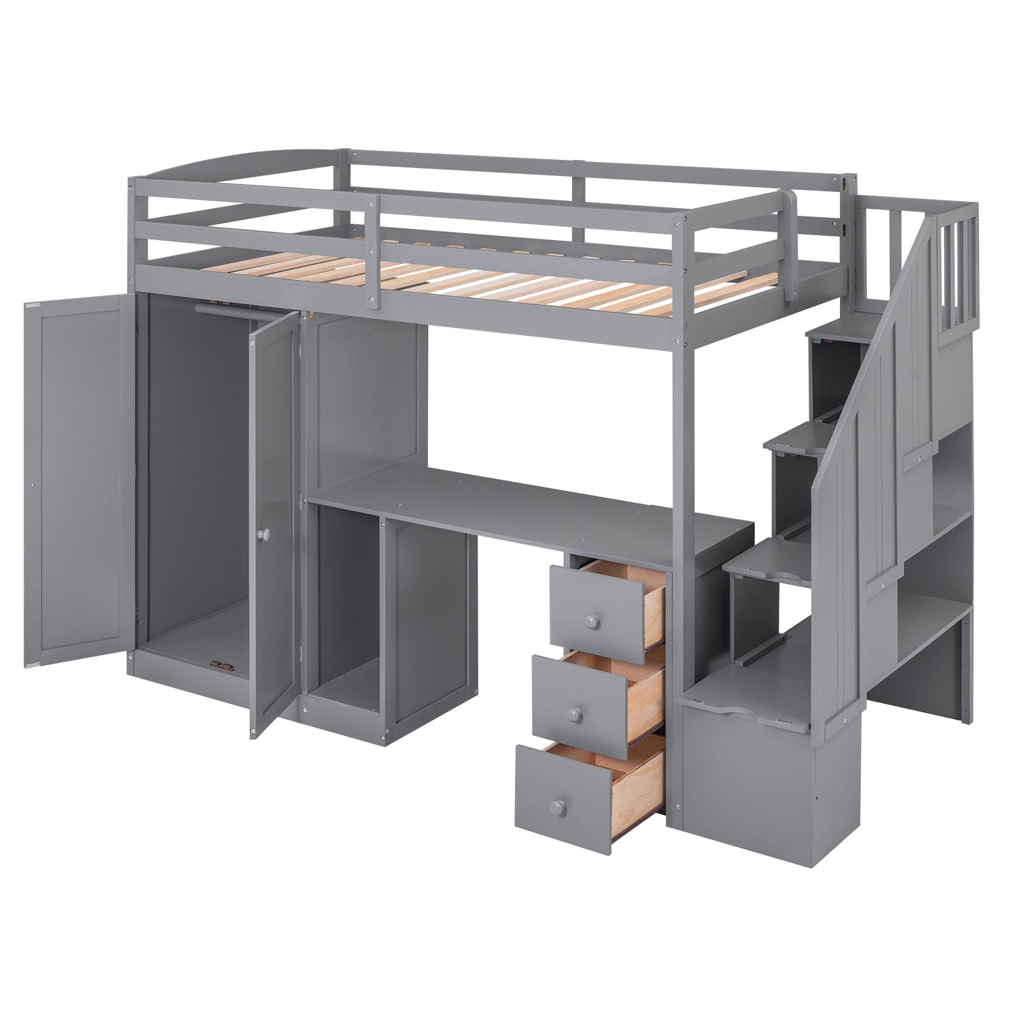 Cama loft tamaño twin con armario y almacenamiento en gris