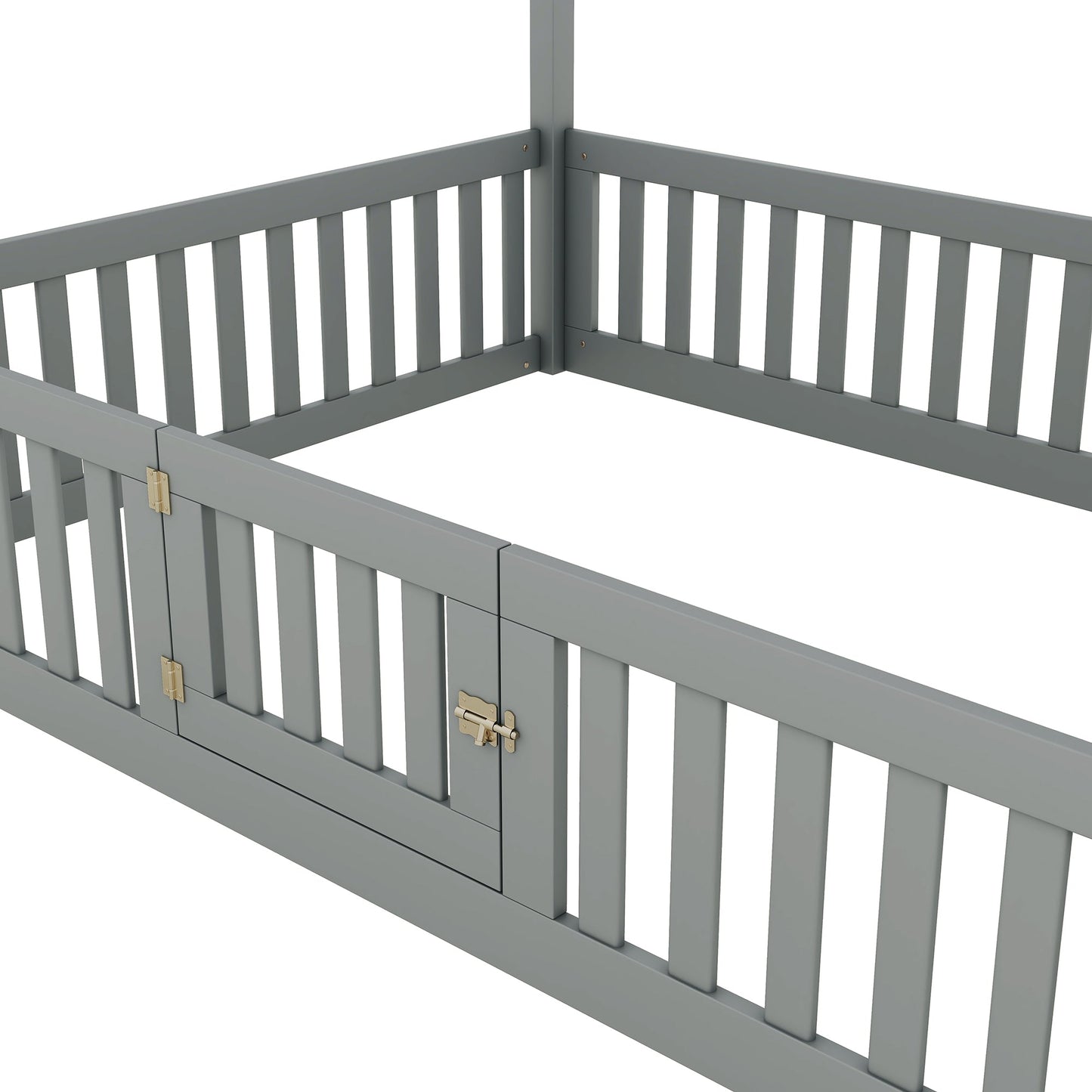 Full Size Wood House Bed with Fence and Door, Gray - Korvel