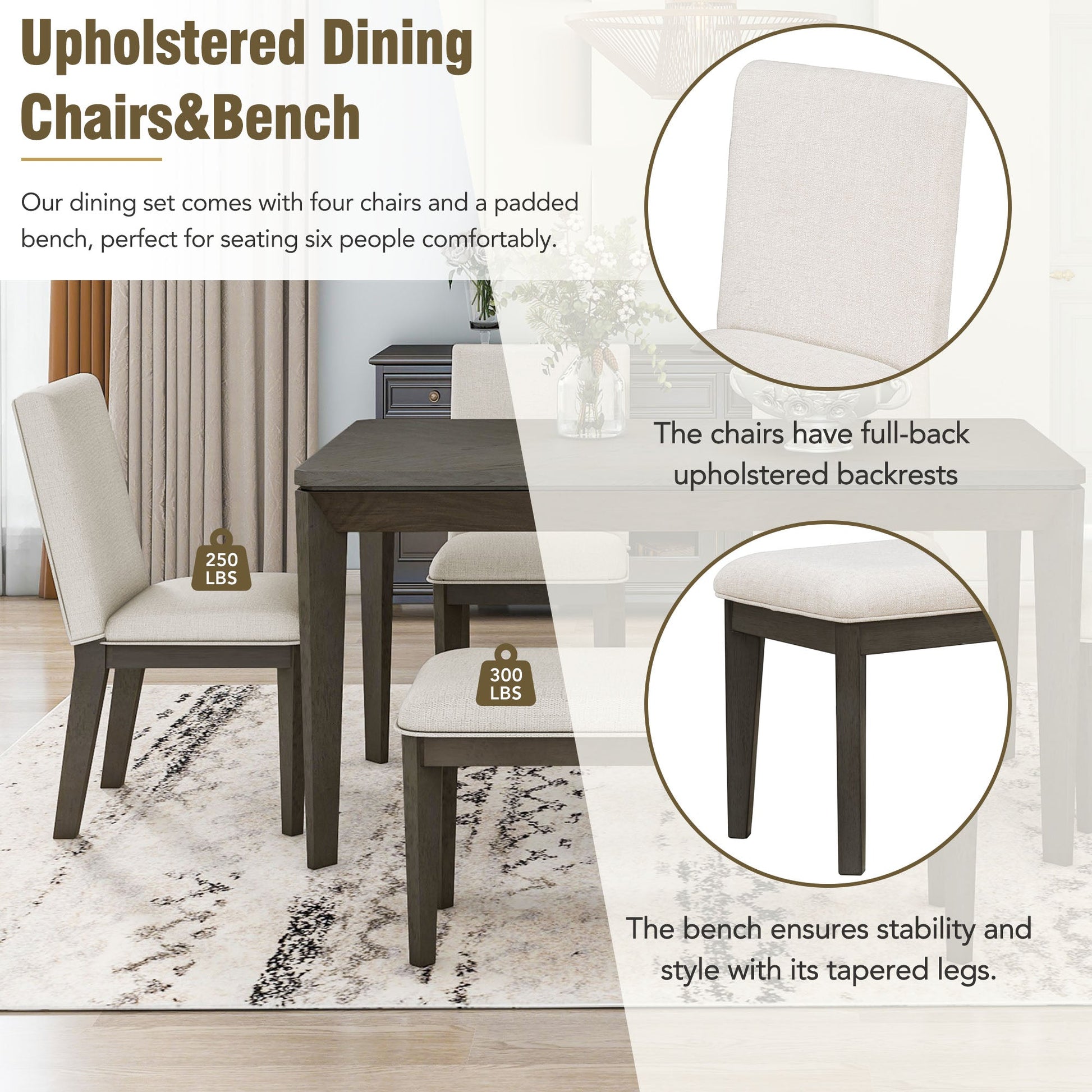 TOPMAX 6-Piece Dining Table Set with Upholstered Dining Chairs and Bench Farmhouse Style Tapered Legs Dark Gray+Beige - Korvel
