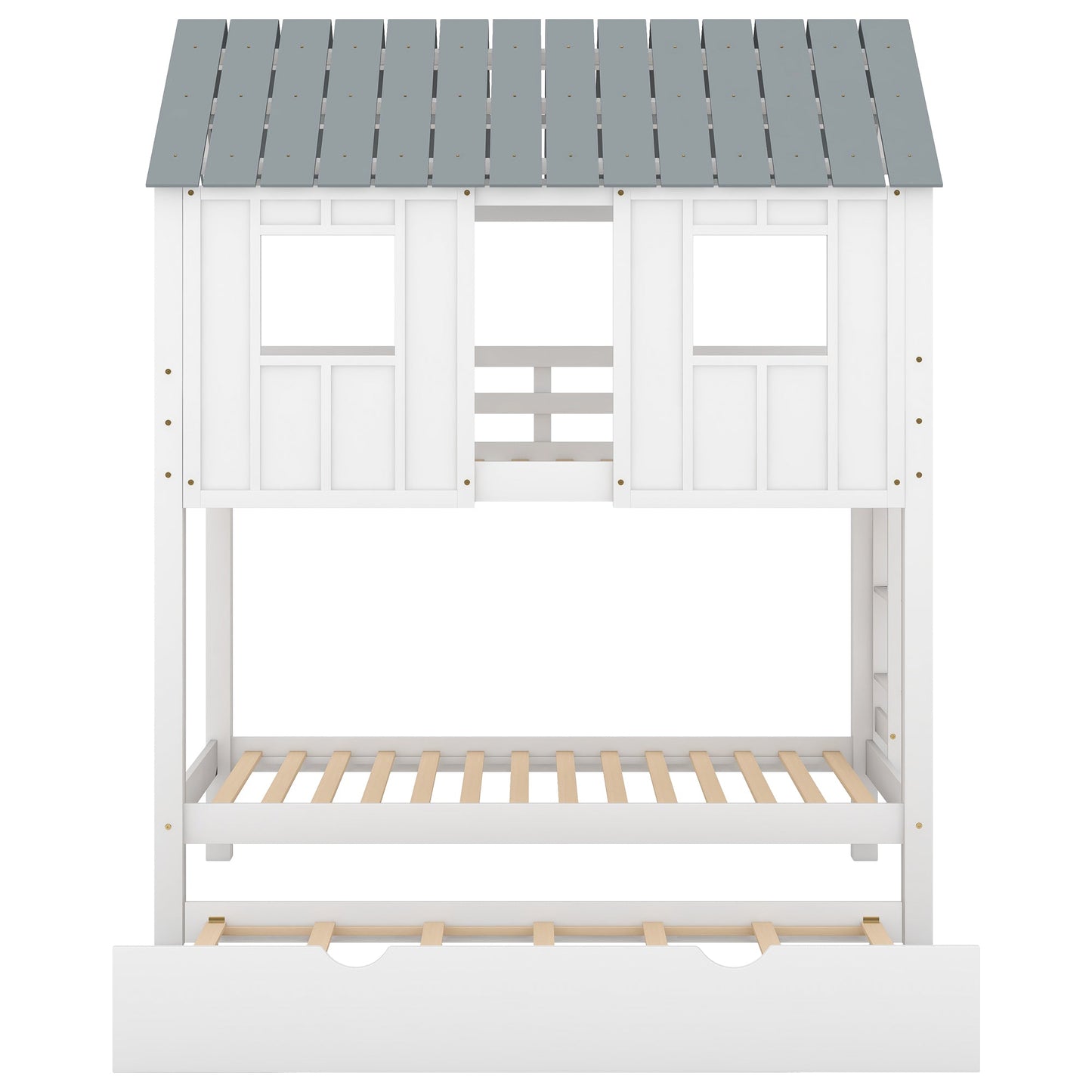 House Bunk Bed with Trundle,Roof and Windows White - Korvel