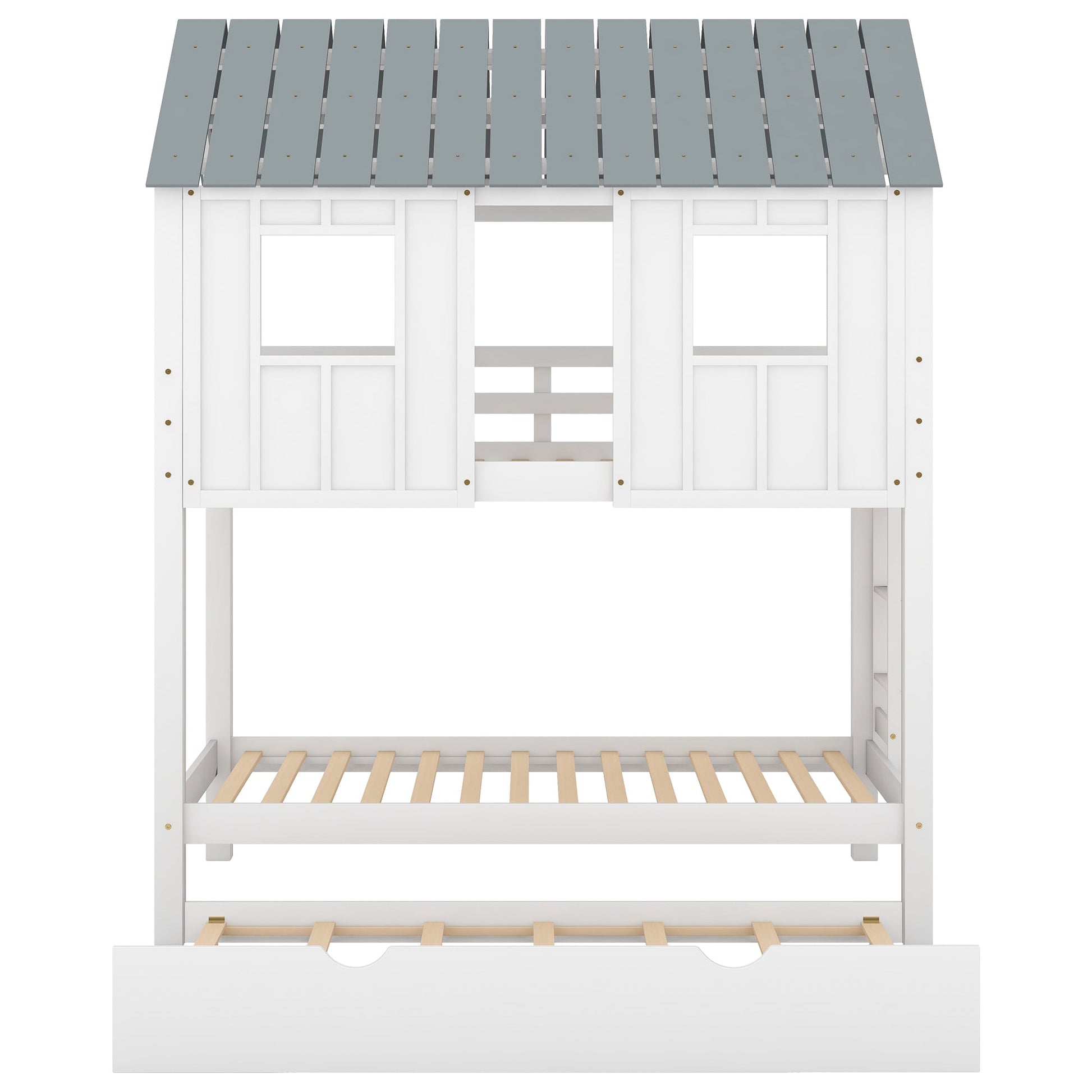 House Bunk Bed with Trundle,Roof and Windows White - Korvel