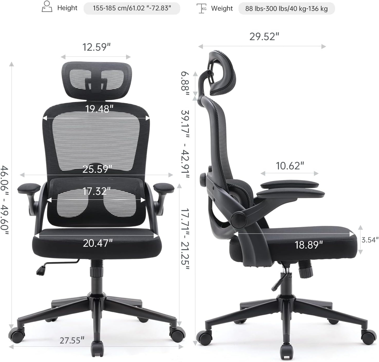 High backrest mesh office chair with 3D armrests, rotating computer task chair with adjustable 2D headrest, tilt function black - Korvel