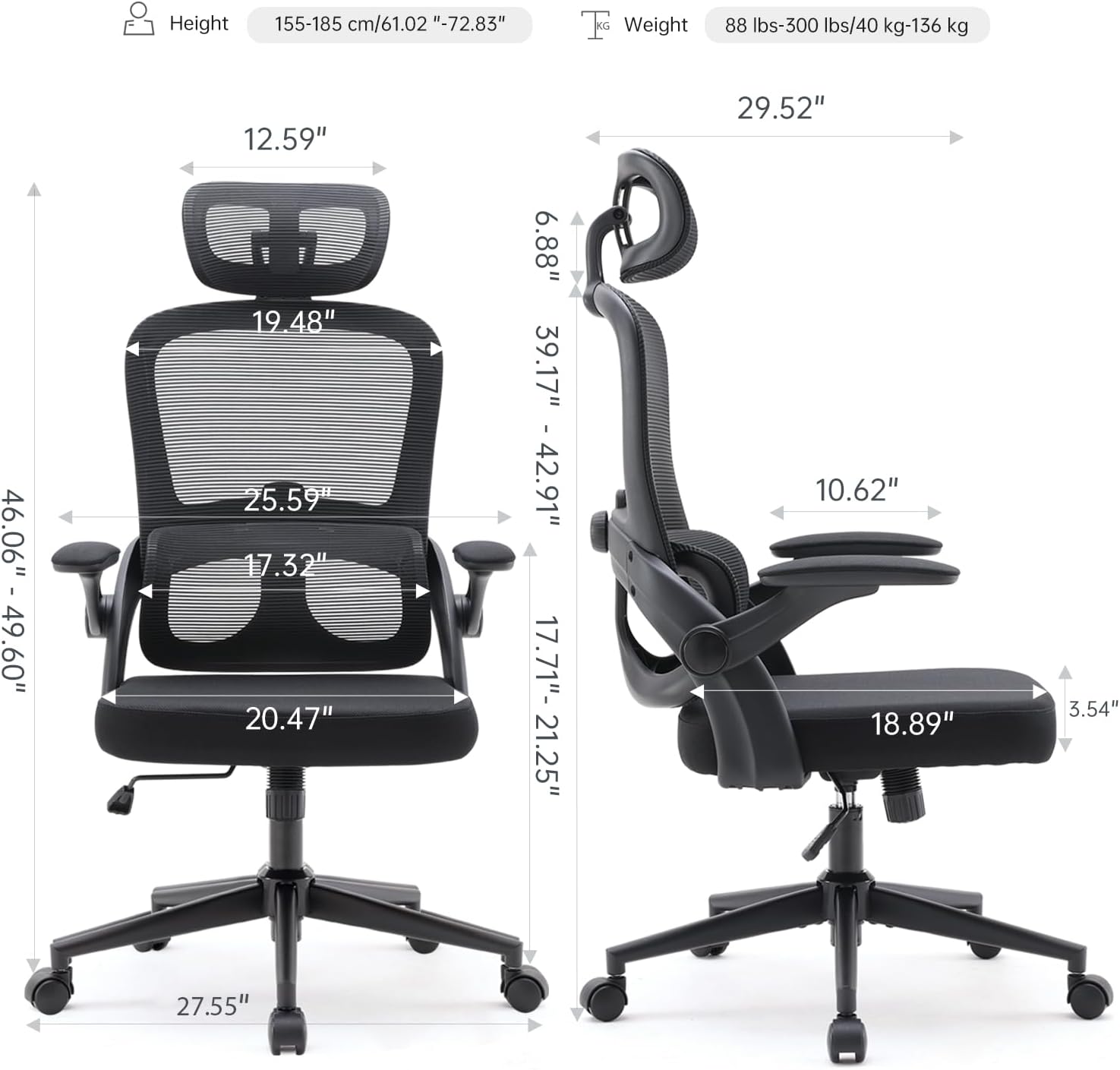 High backrest mesh office chair with 3D armrests, rotating computer task chair with adjustable 2D headrest, tilt function black - Korvel