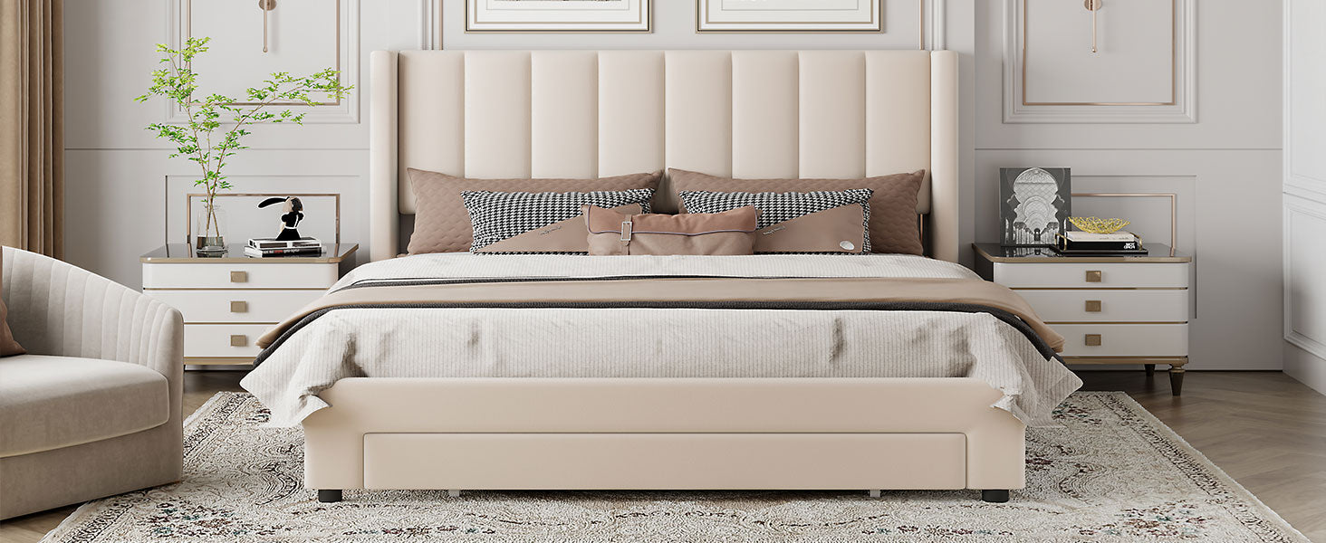 Queen Size Storage Bed Velvet Upholstered Platform Bed with a Big Drawer - Beige - Korvel