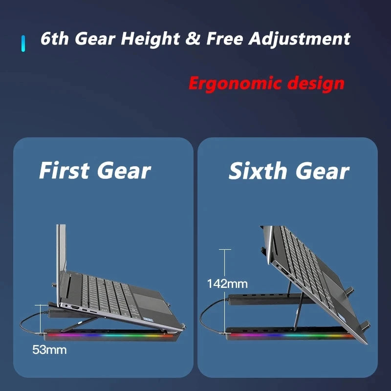 RGB Laptop Stand Adjustable 6 Gear Height Heat Dissipation USB Type-c Hub Ergonomic Notebook Holder for MacBook Tablet Phone - Korvel