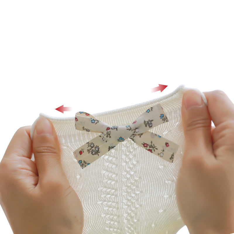 Hollow Mesh Floral Bow Princess Socks Combed Cotton Girls Stockings - Korvel