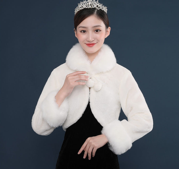 Bride's wedding dress fur shawl women's warm white cloak cheongsam jacket red cloak - Korvel